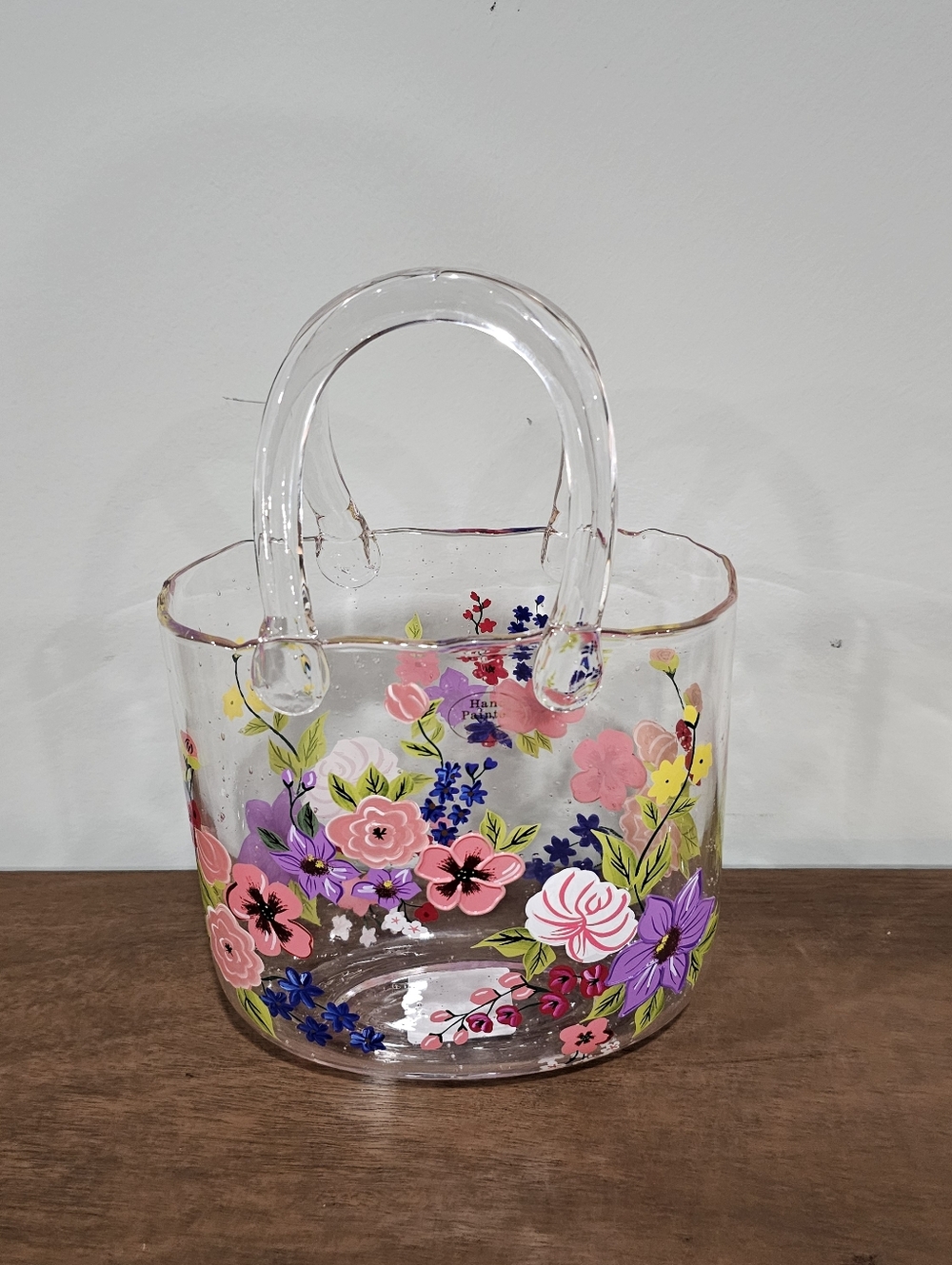 Hand Painted Glass Handbag Vase Clear Floral Design